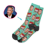 Load image into Gallery viewer, mint Super Dad socks personalized with photo of face printed on them
