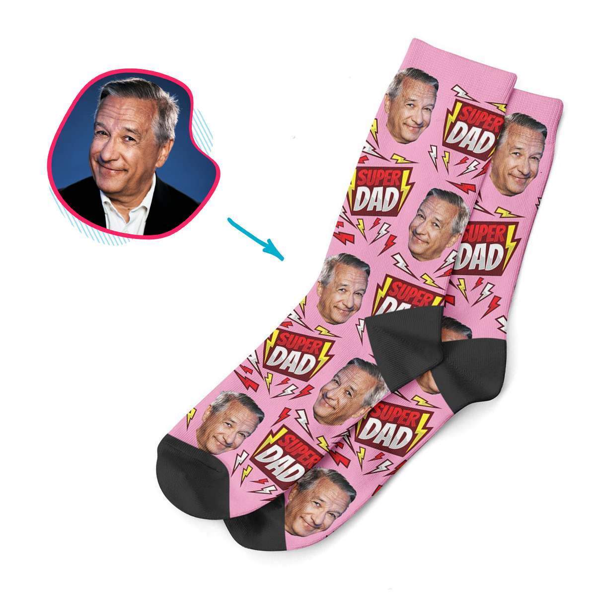 pink Super Dad socks personalized with photo of face printed on them