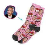 Load image into Gallery viewer, pink Super Dad socks personalized with photo of face printed on them
