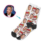 Load image into Gallery viewer, white Super Dad socks personalized with photo of face printed on them
