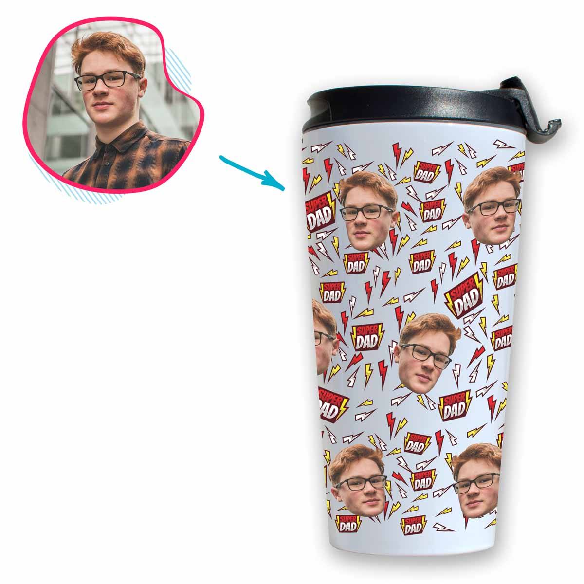 white Super Dad travel mug personalized with photo of face printed on it