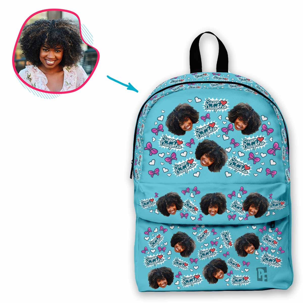blue Super Daughter classic backpack personalized with photo of face printed on it