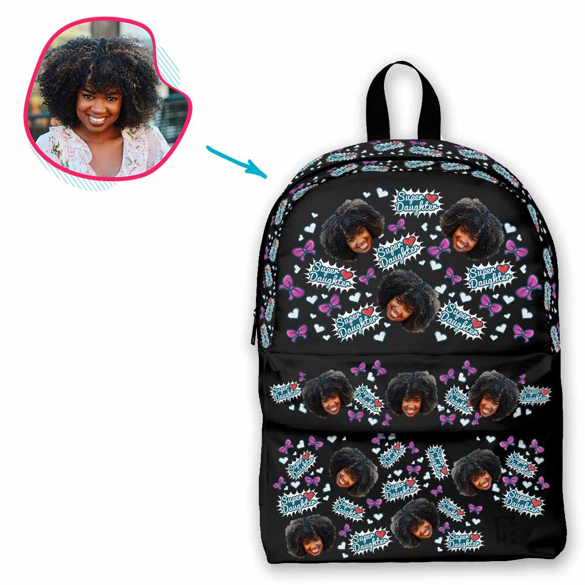 dark Super Daughter classic backpack personalized with photo of face printed on it