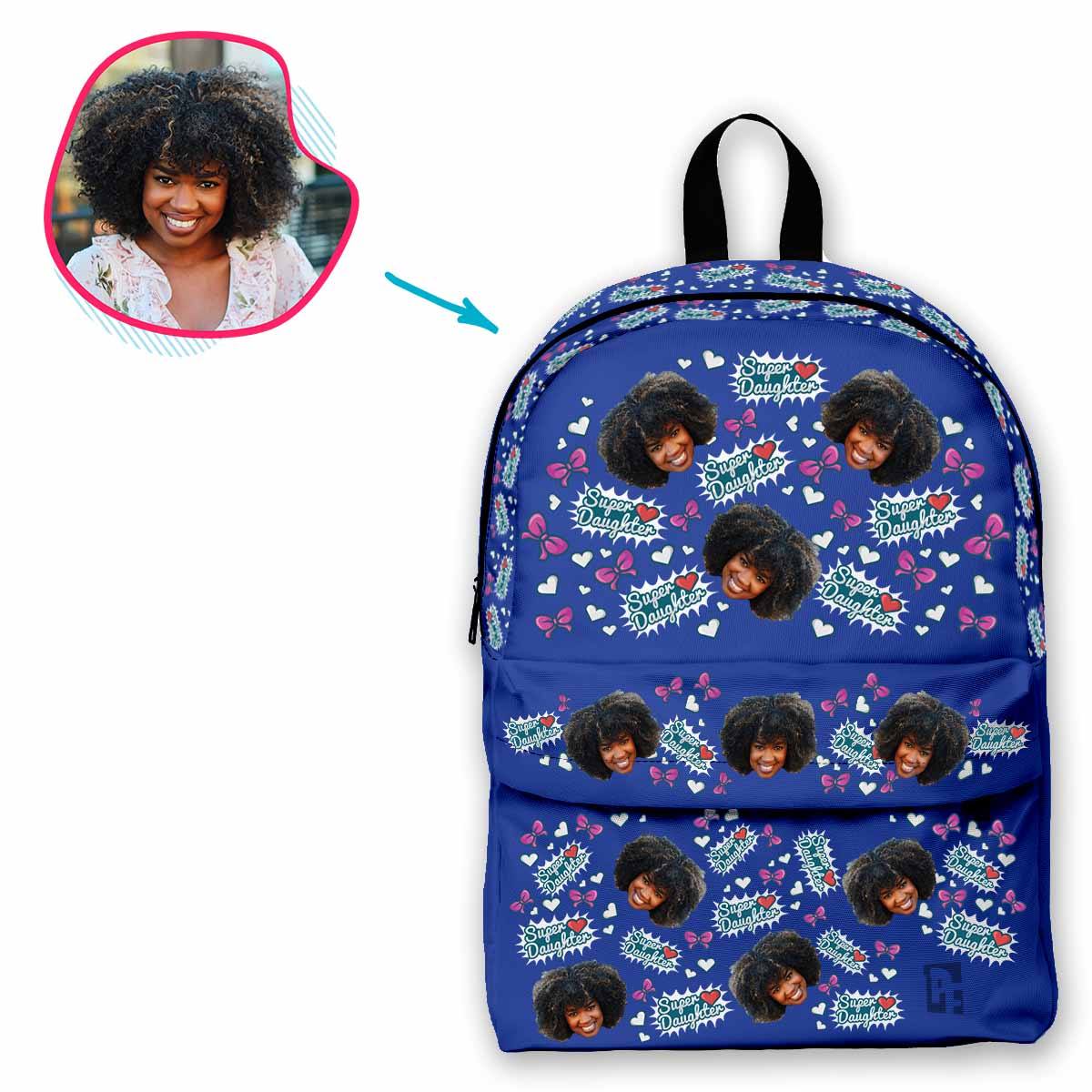 darkblue Super Daughter classic backpack personalized with photo of face printed on it