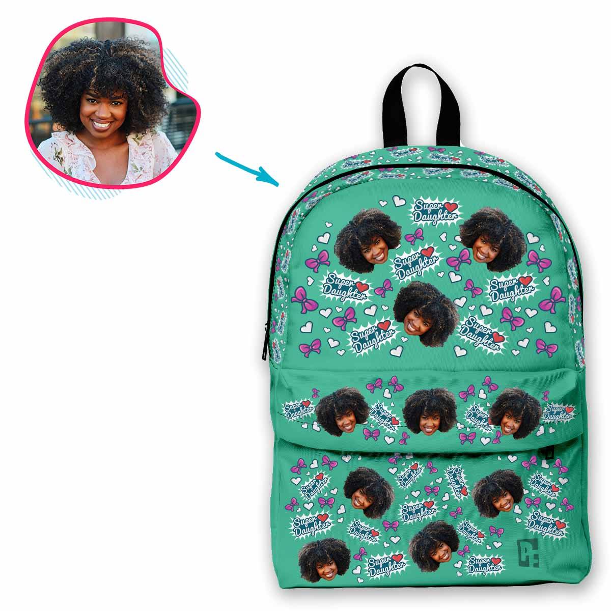 mint Super Daughter classic backpack personalized with photo of face printed on it