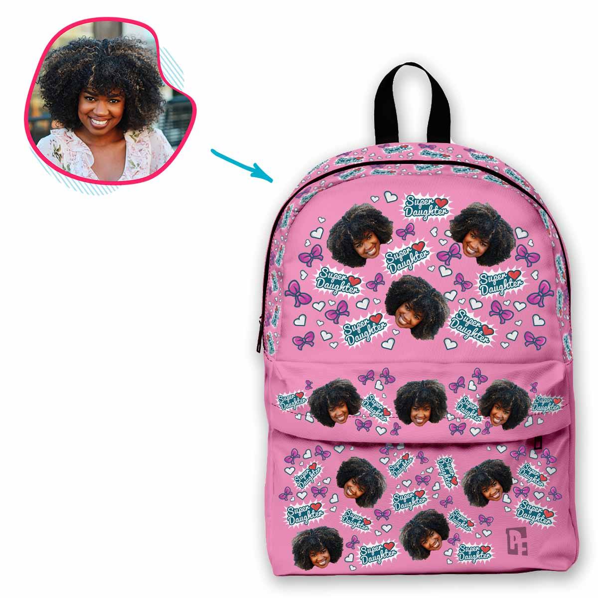 pink Super Daughter classic backpack personalized with photo of face printed on it