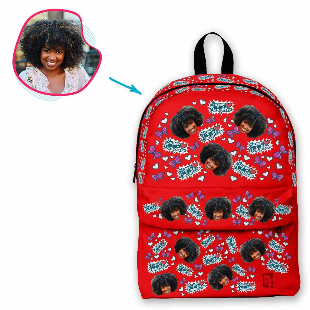 red Super Daughter classic backpack personalized with photo of face printed on it