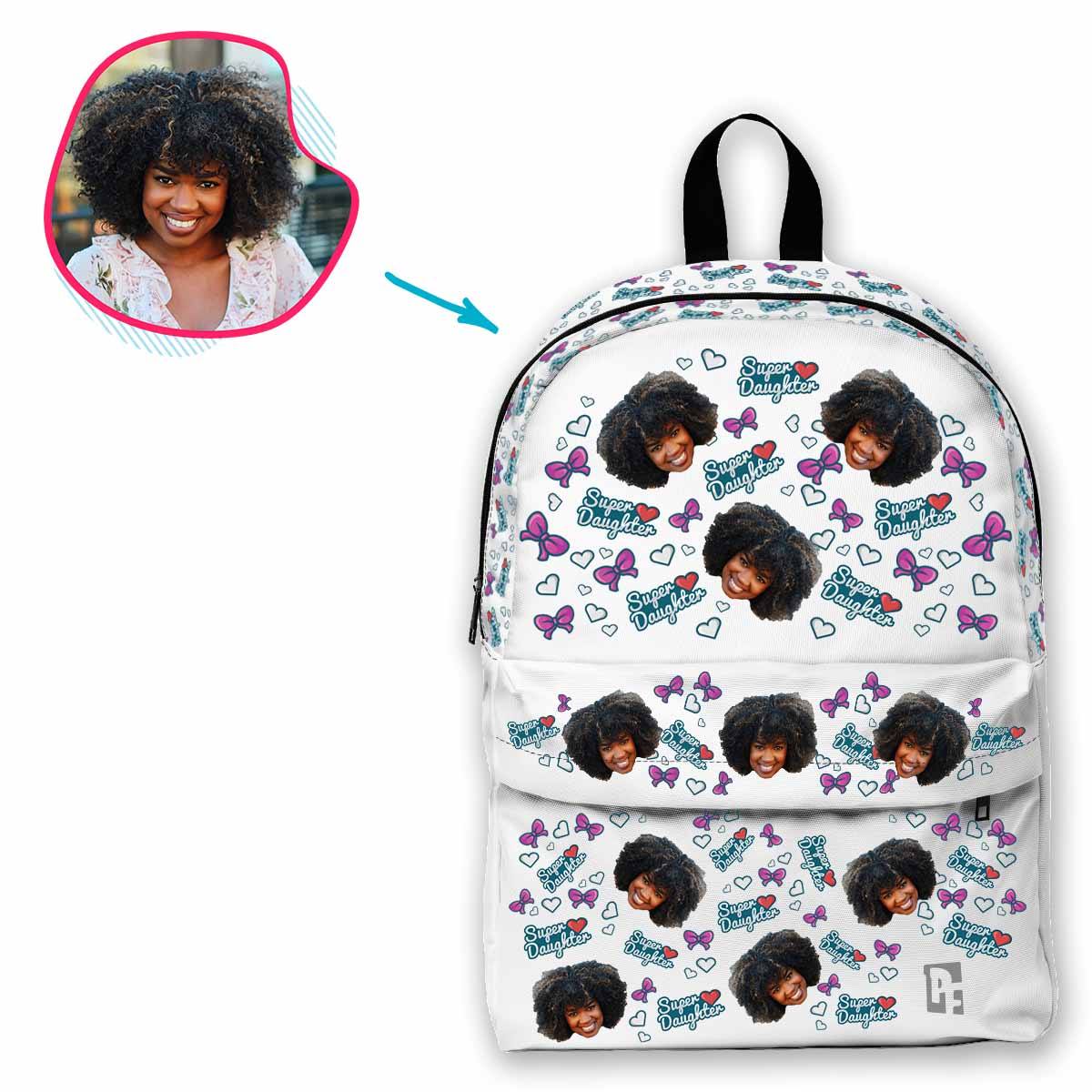 white Super Daughter classic backpack personalized with photo of face printed on it
