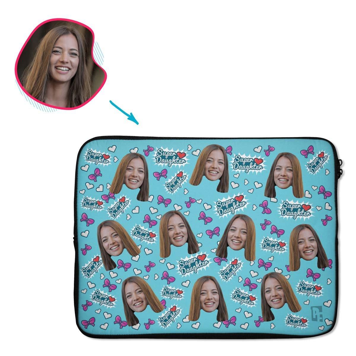 blue Super Daughter laptop sleeve personalized with photo of face printed on them