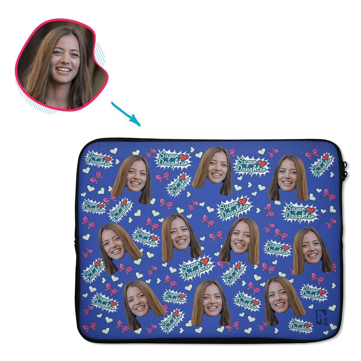 darkblue Super Daughter laptop sleeve personalized with photo of face printed on them