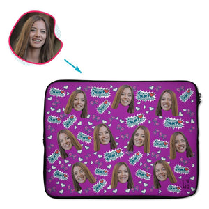 purple Super Daughter laptop sleeve personalized with photo of face printed on them