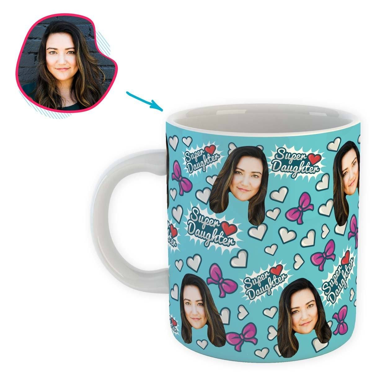 blue Super Daughter mug personalized with photo of face printed on it