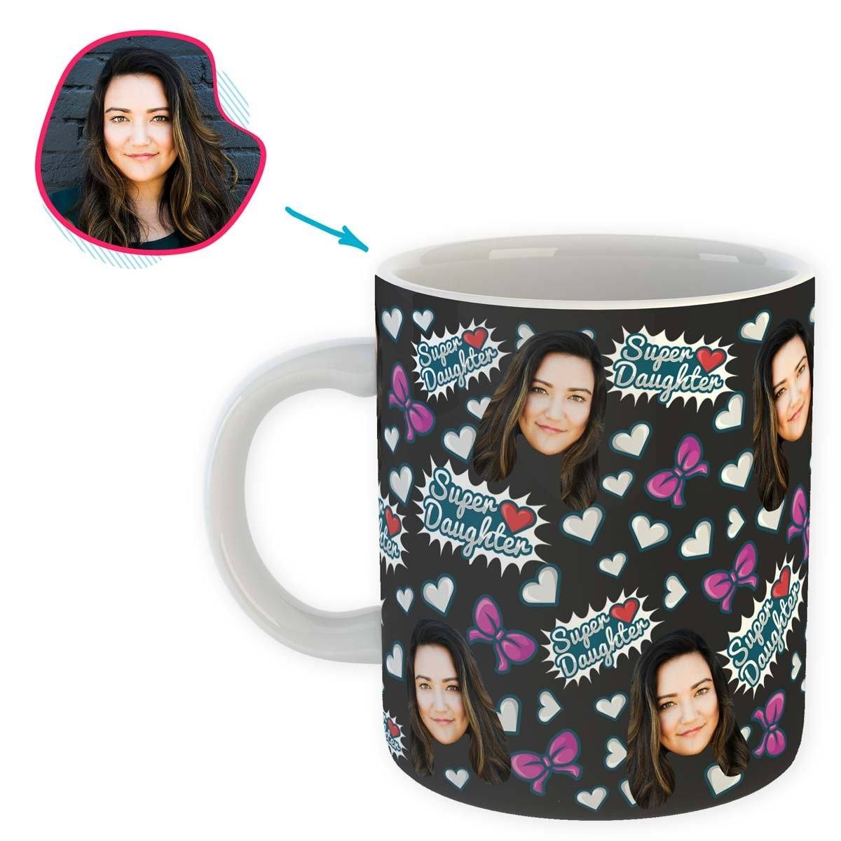 dark Super Daughter mug personalized with photo of face printed on it