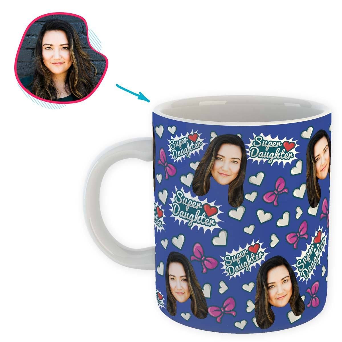 darkblue Super Daughter mug personalized with photo of face printed on it