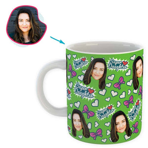 green Super Daughter mug personalized with photo of face printed on it
