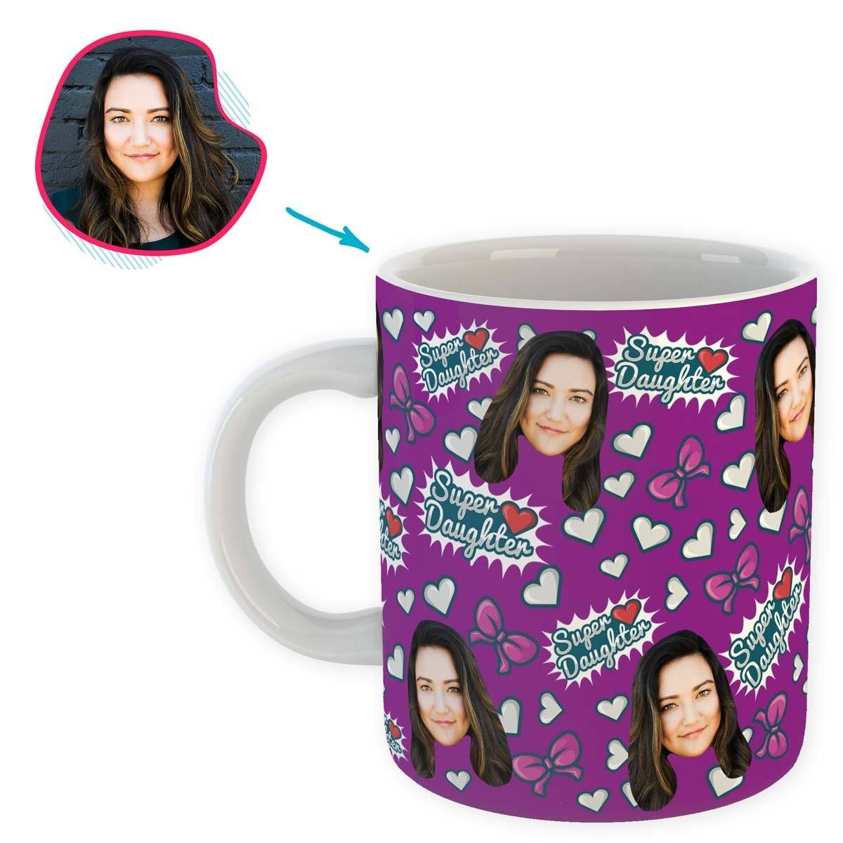 purple Super Daughter mug personalized with photo of face printed on it