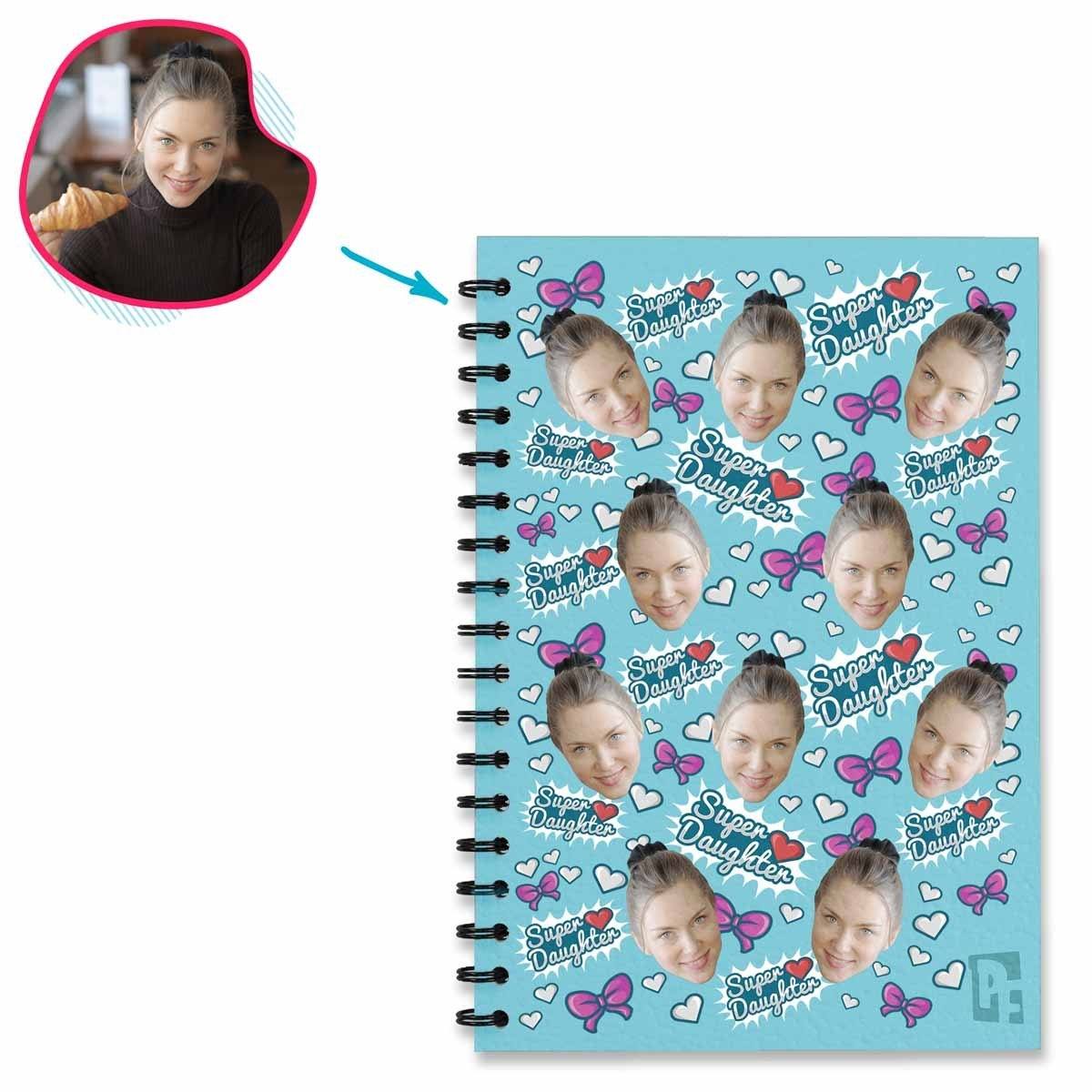 blue Super Daughter Notebook personalized with photo of face printed on them