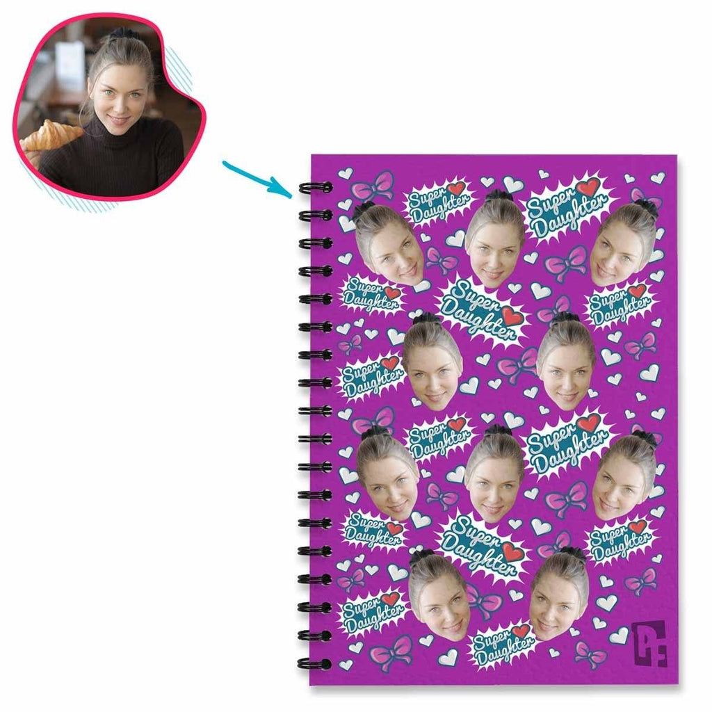 purple Super Daughter Notebook personalized with photo of face printed on them