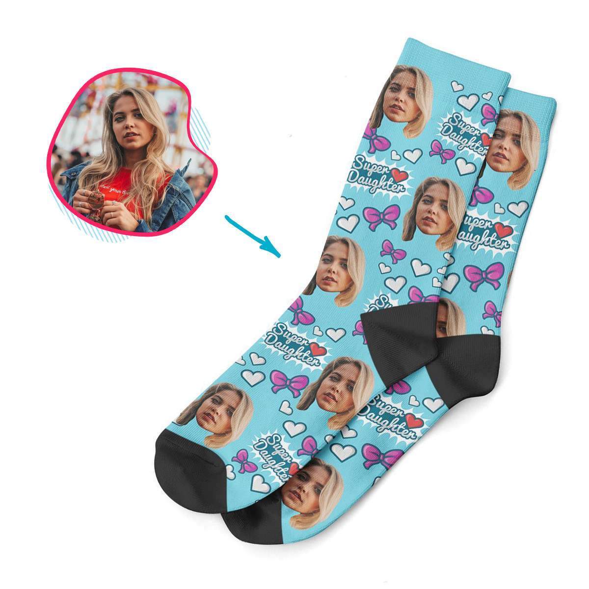 blue Super Daughter socks personalized with photo of face printed on them