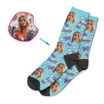 Load image into Gallery viewer, blue Super Daughter socks personalized with photo of face printed on them
