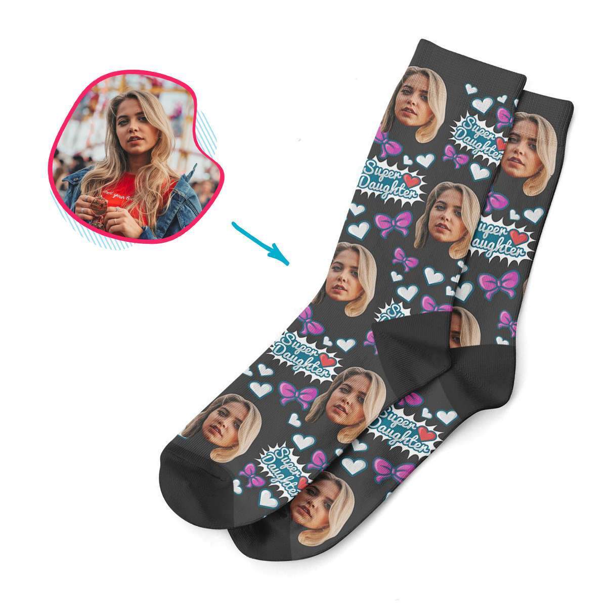 dark Super Daughter socks personalized with photo of face printed on them