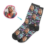 Load image into Gallery viewer, dark Super Daughter socks personalized with photo of face printed on them
