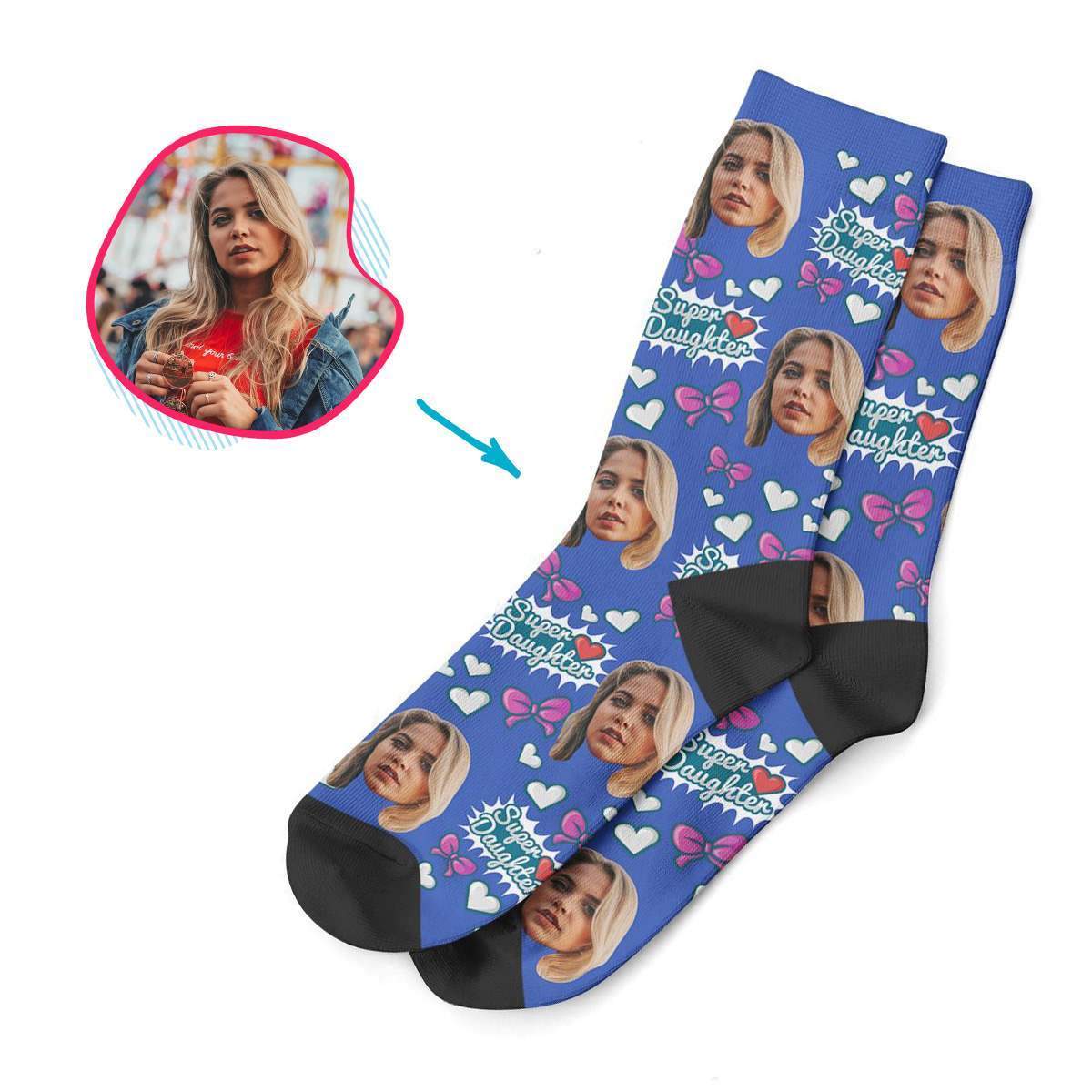 darkblue Super Daughter socks personalized with photo of face printed on them