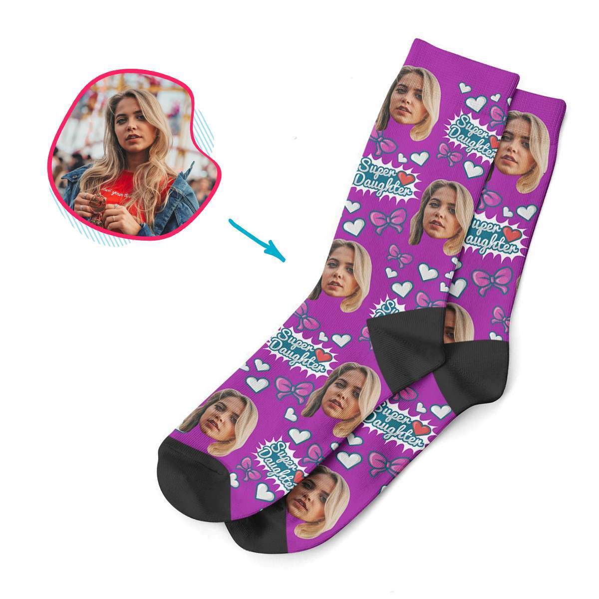 purple Super Daughter socks personalized with photo of face printed on them