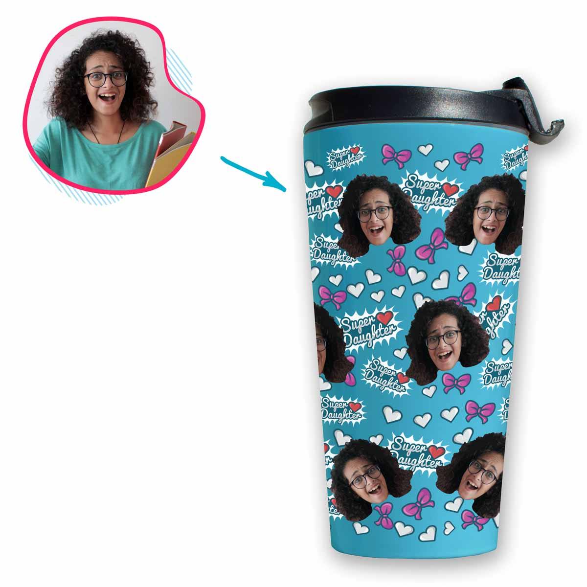 blue Super Daughter travel mug personalized with photo of face printed on it