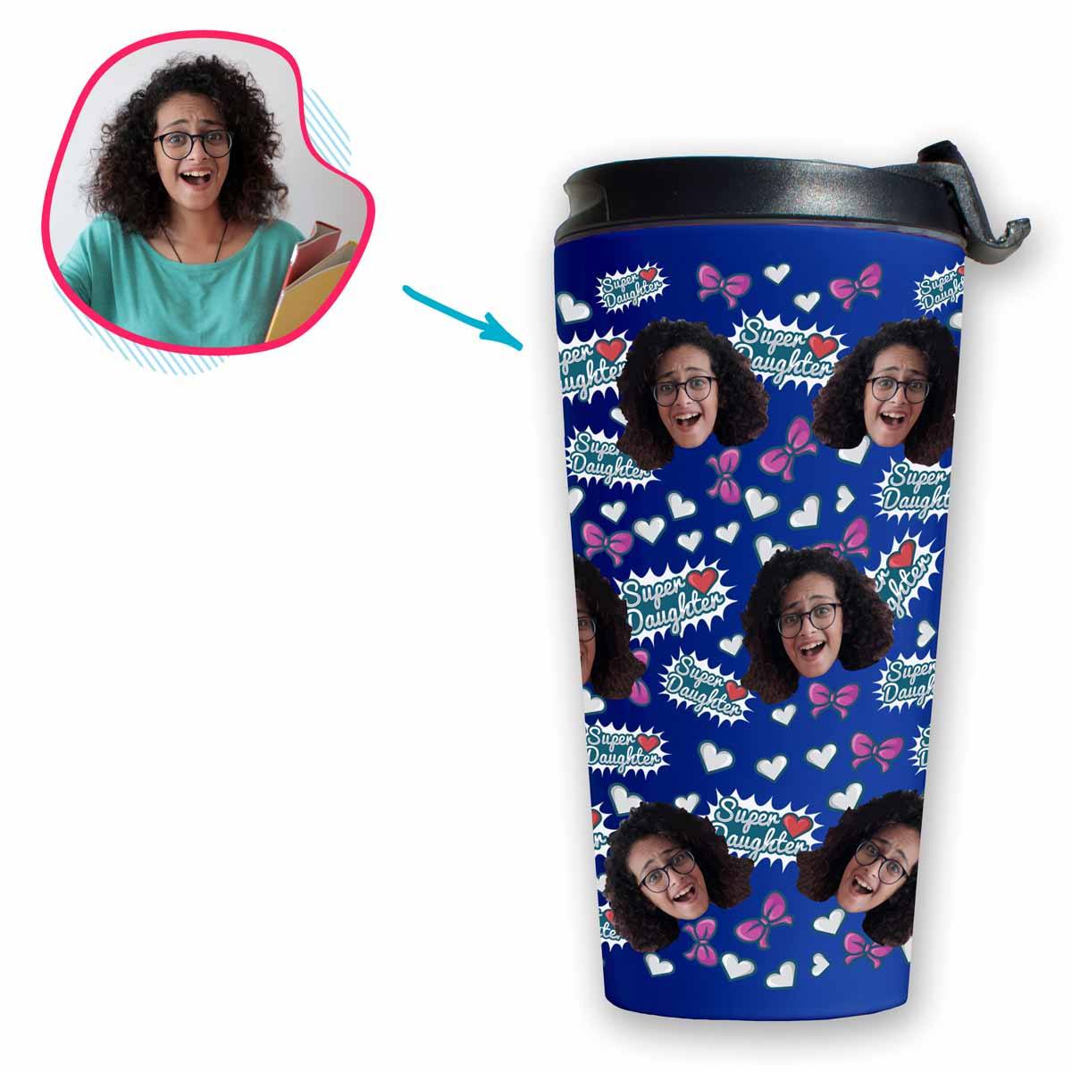 darkblue Super Daughter travel mug personalized with photo of face printed on it