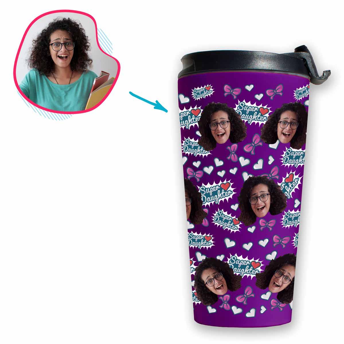 purple Super Daughter travel mug personalized with photo of face printed on it