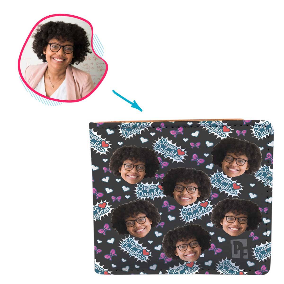 dark Super Daughter wallet personalized with photo of face printed on it