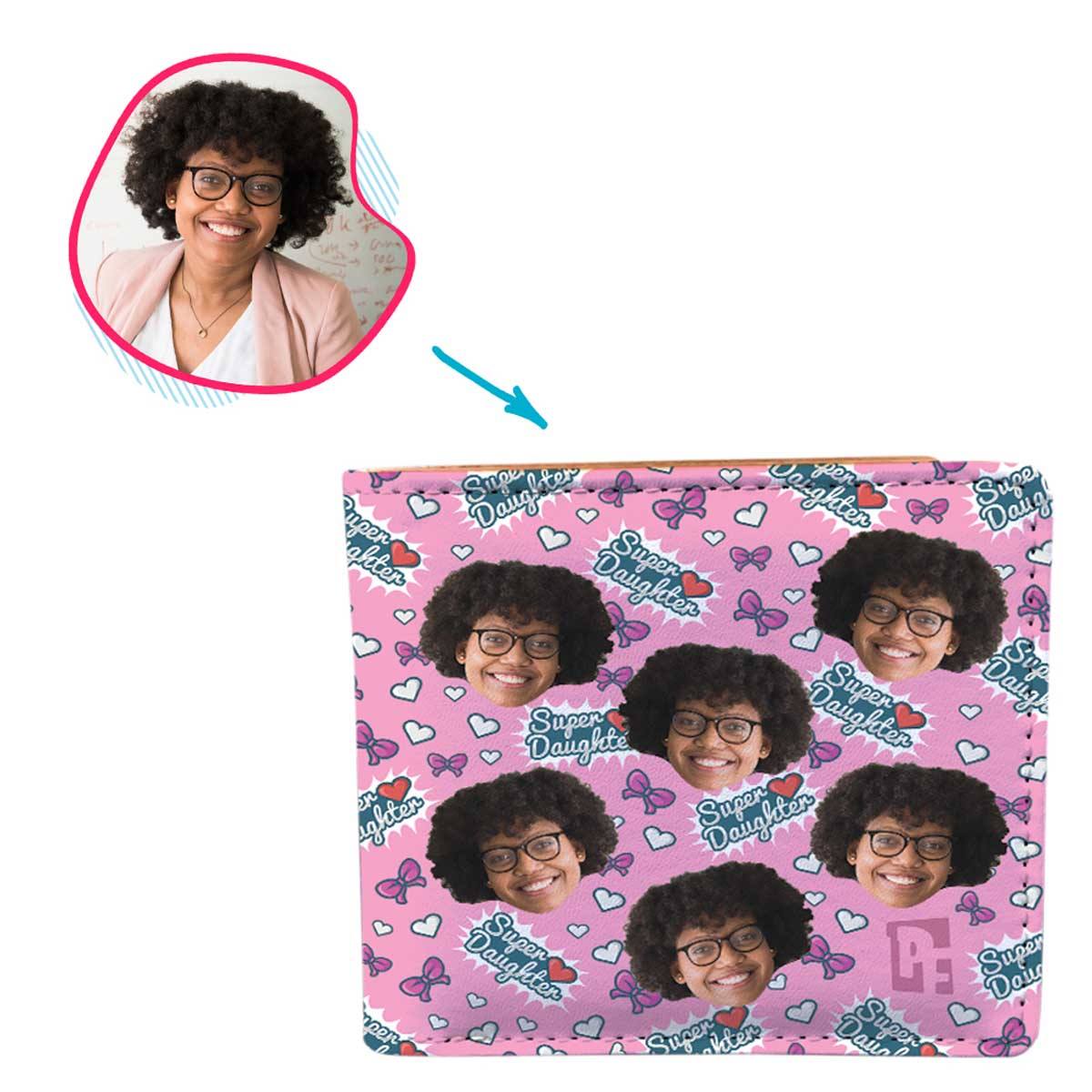 pink Super Daughter wallet personalized with photo of face printed on it