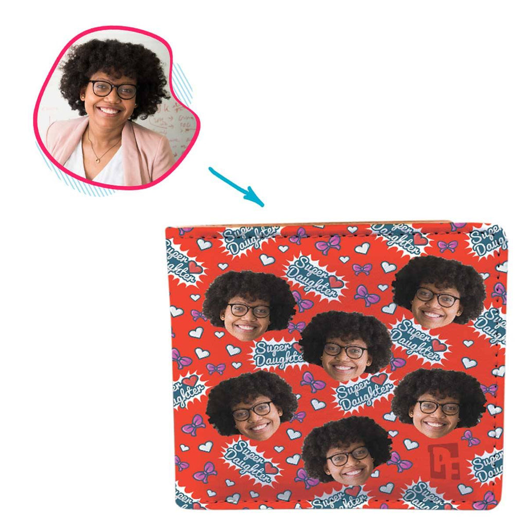 red Super Daughter wallet personalized with photo of face printed on it