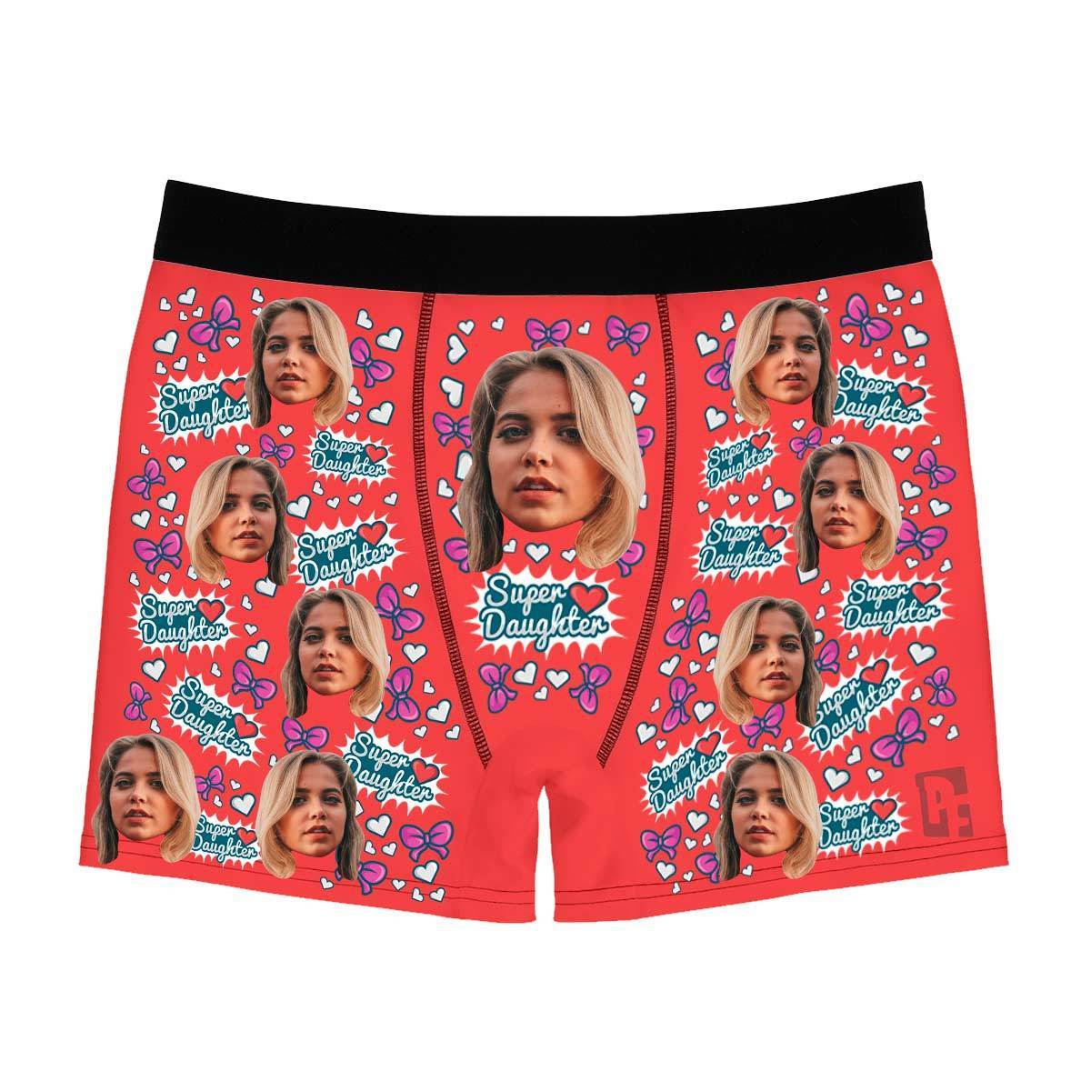 Red Super daughter men's boxer briefs personalized with photo printed on them