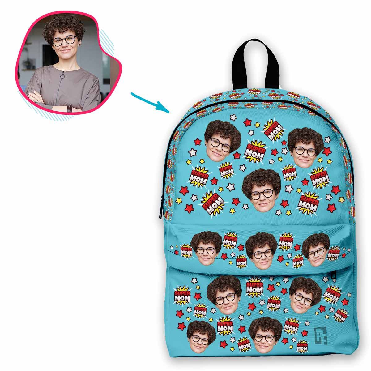 blue Super Mom classic backpack personalized with photo of face printed on it