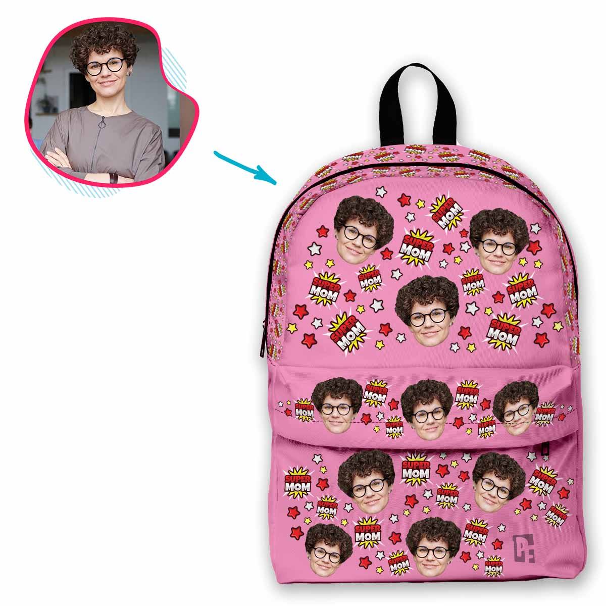 pink Super Mom classic backpack personalized with photo of face printed on it
