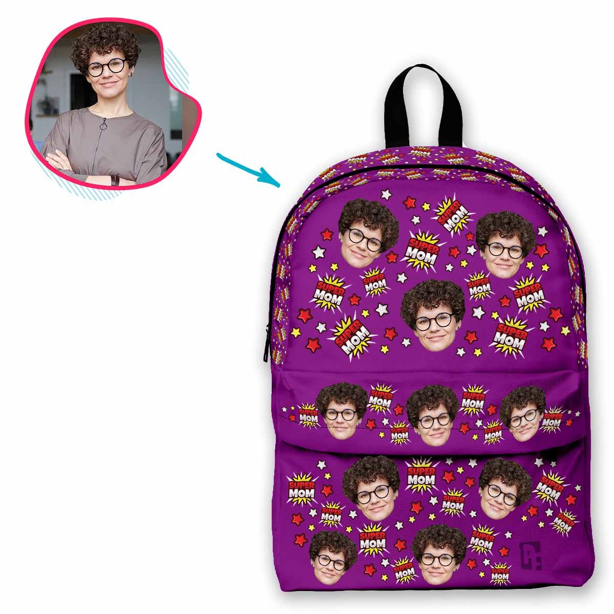 purple Super Mom classic backpack personalized with photo of face printed on it