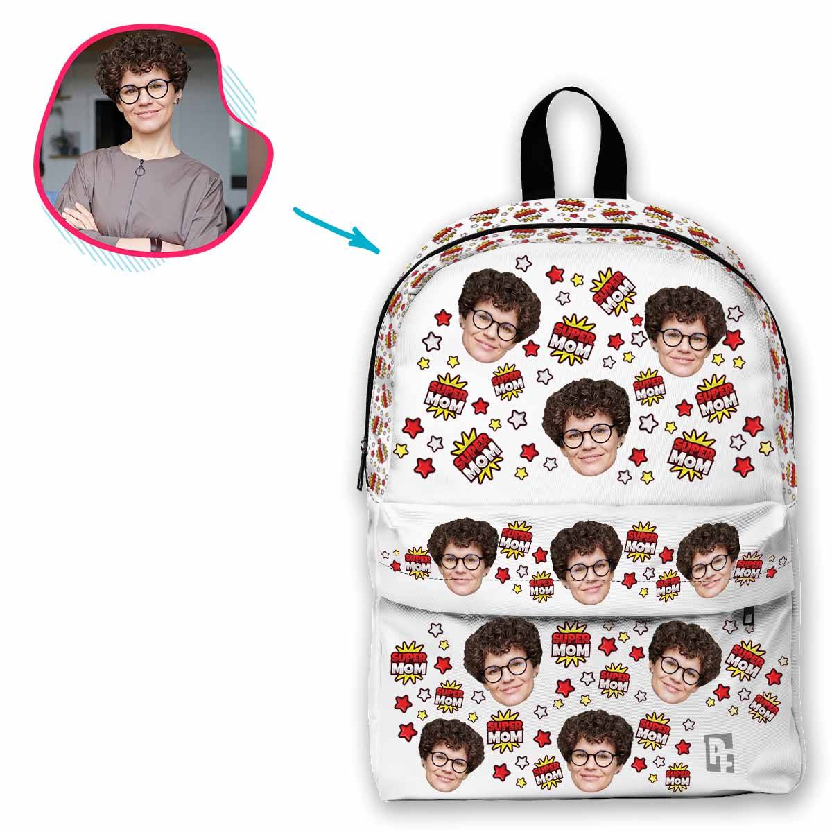 white Super Mom classic backpack personalized with photo of face printed on it