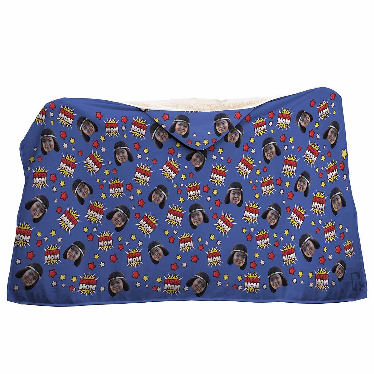 darkblue Super Mom hooded blanket personalized with photo of face printed on it