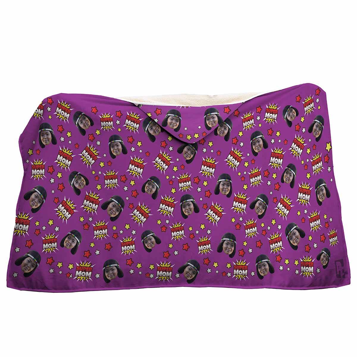 purple Super Mom hooded blanket personalized with photo of face printed on it