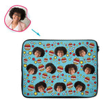 Load image into Gallery viewer, blue Super Mom laptop sleeve personalized with photo of face printed on them
