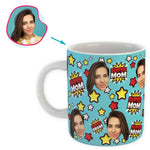 Load image into Gallery viewer, blue Super Mom mug personalized with photo of face printed on it
