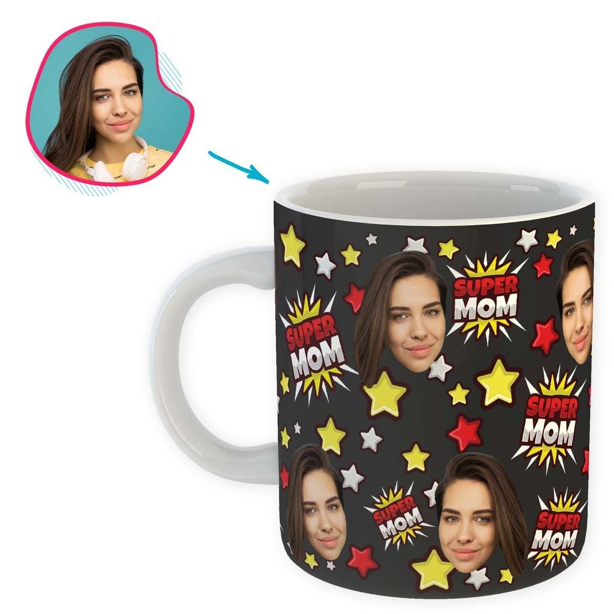 dark Super Mom mug personalized with photo of face printed on it
