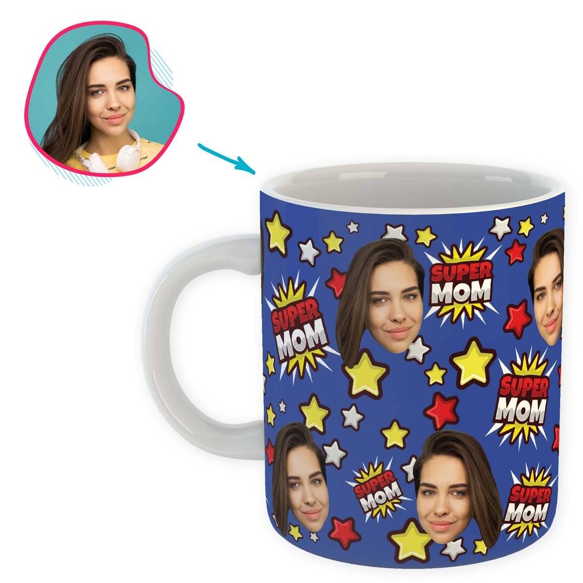 darkblue Super Mom mug personalized with photo of face printed on it