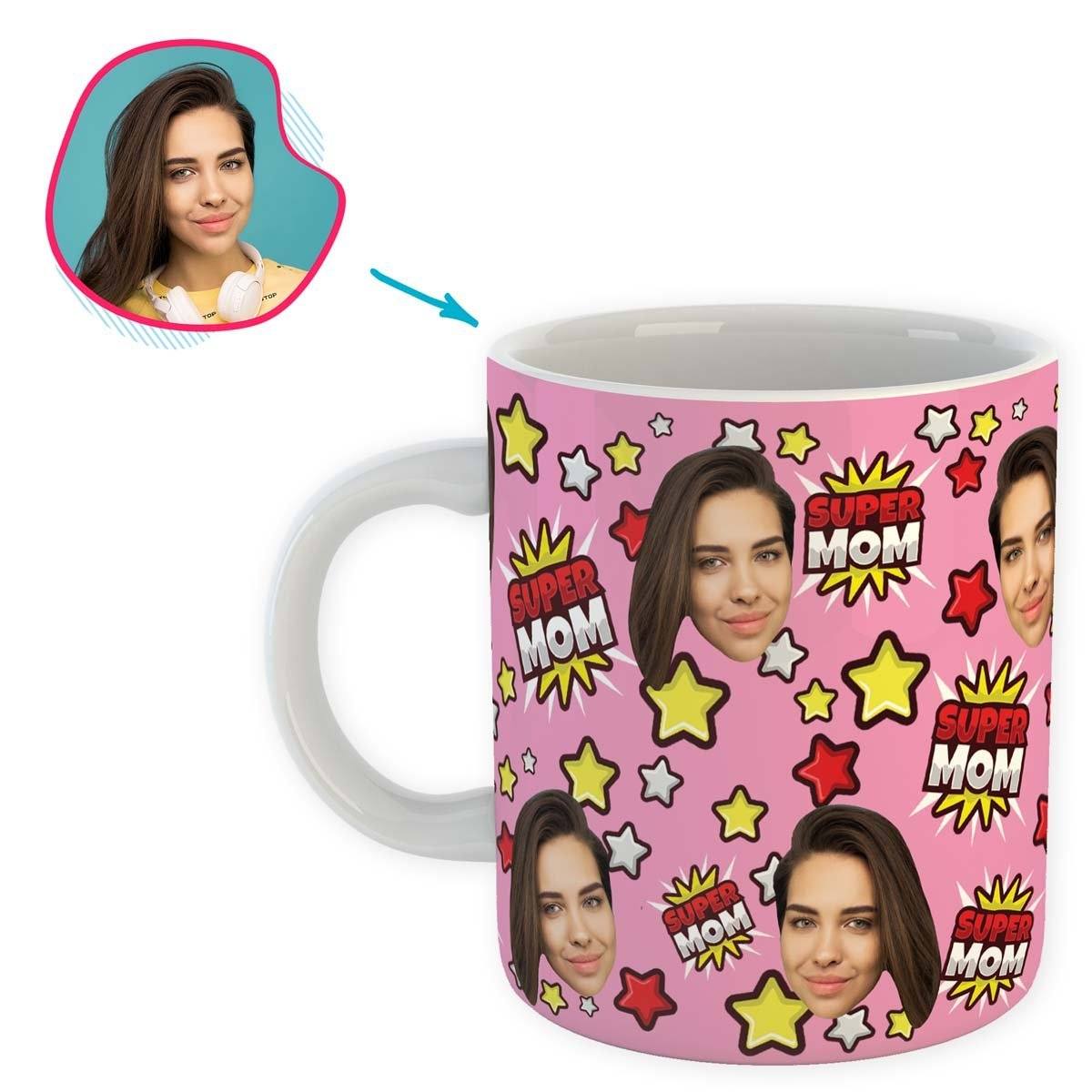 pink Super Mom mug personalized with photo of face printed on it