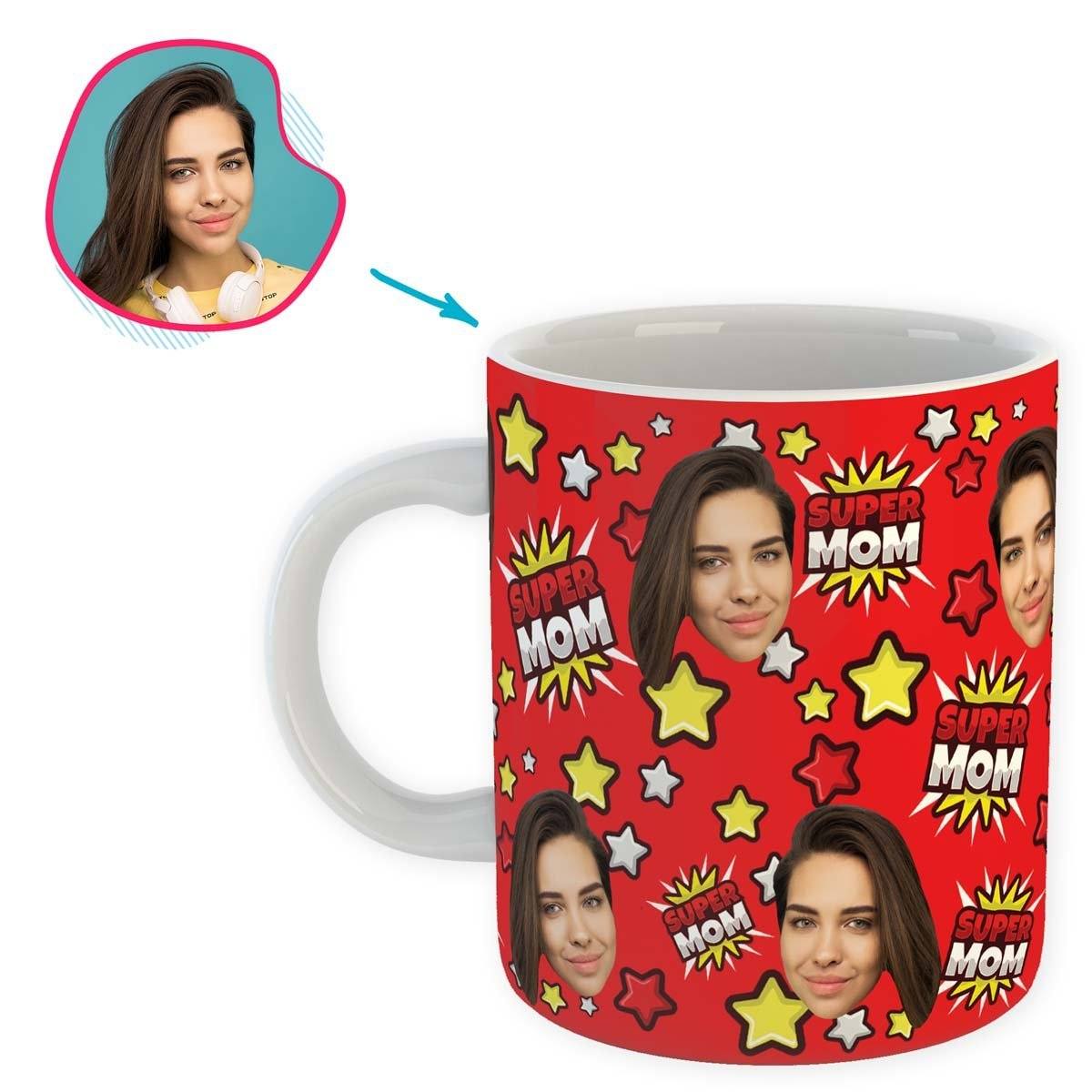 red Super Mom mug personalized with photo of face printed on it