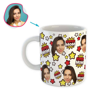 white Super Mom mug personalized with photo of face printed on it