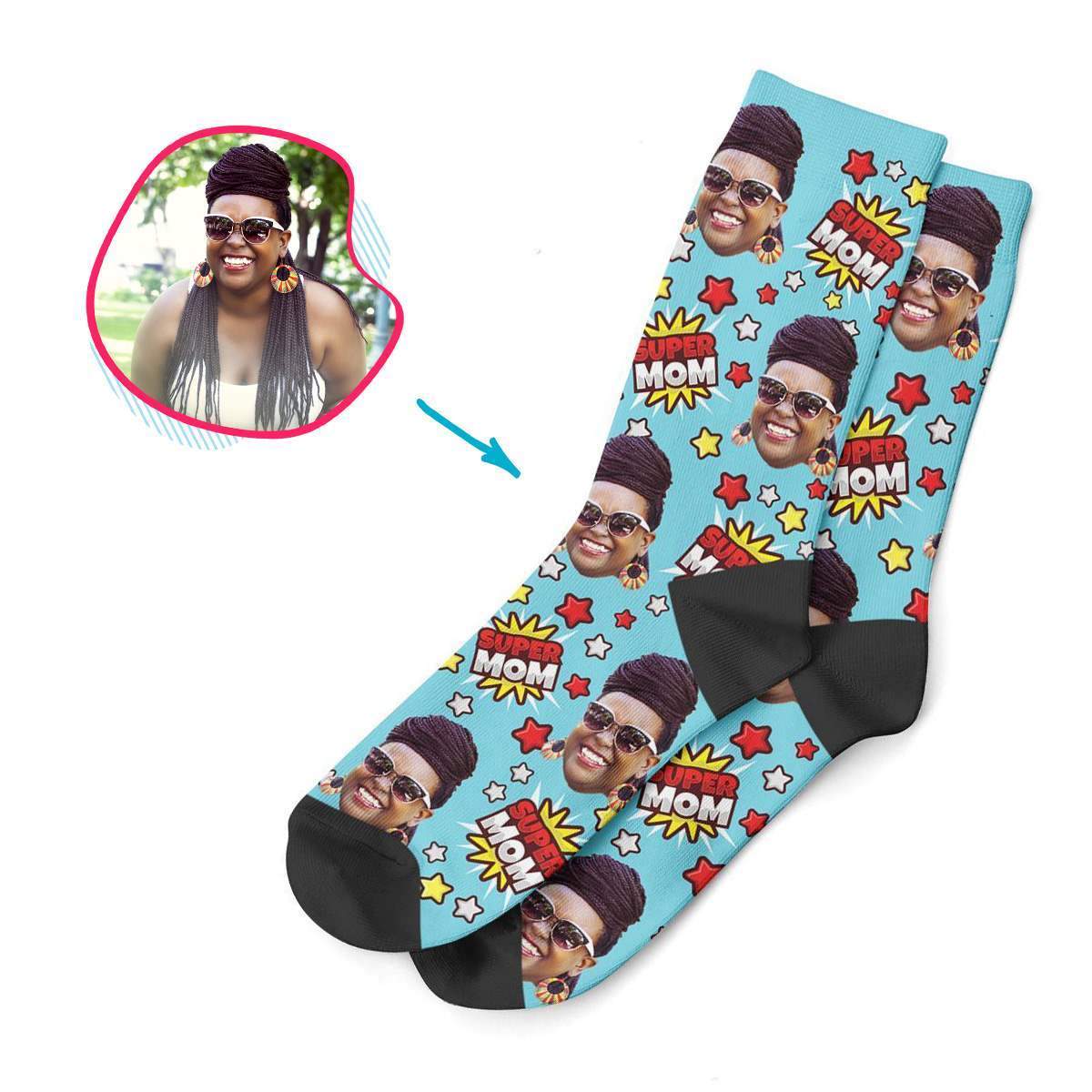 blue Super Mom socks personalized with photo of face printed on them