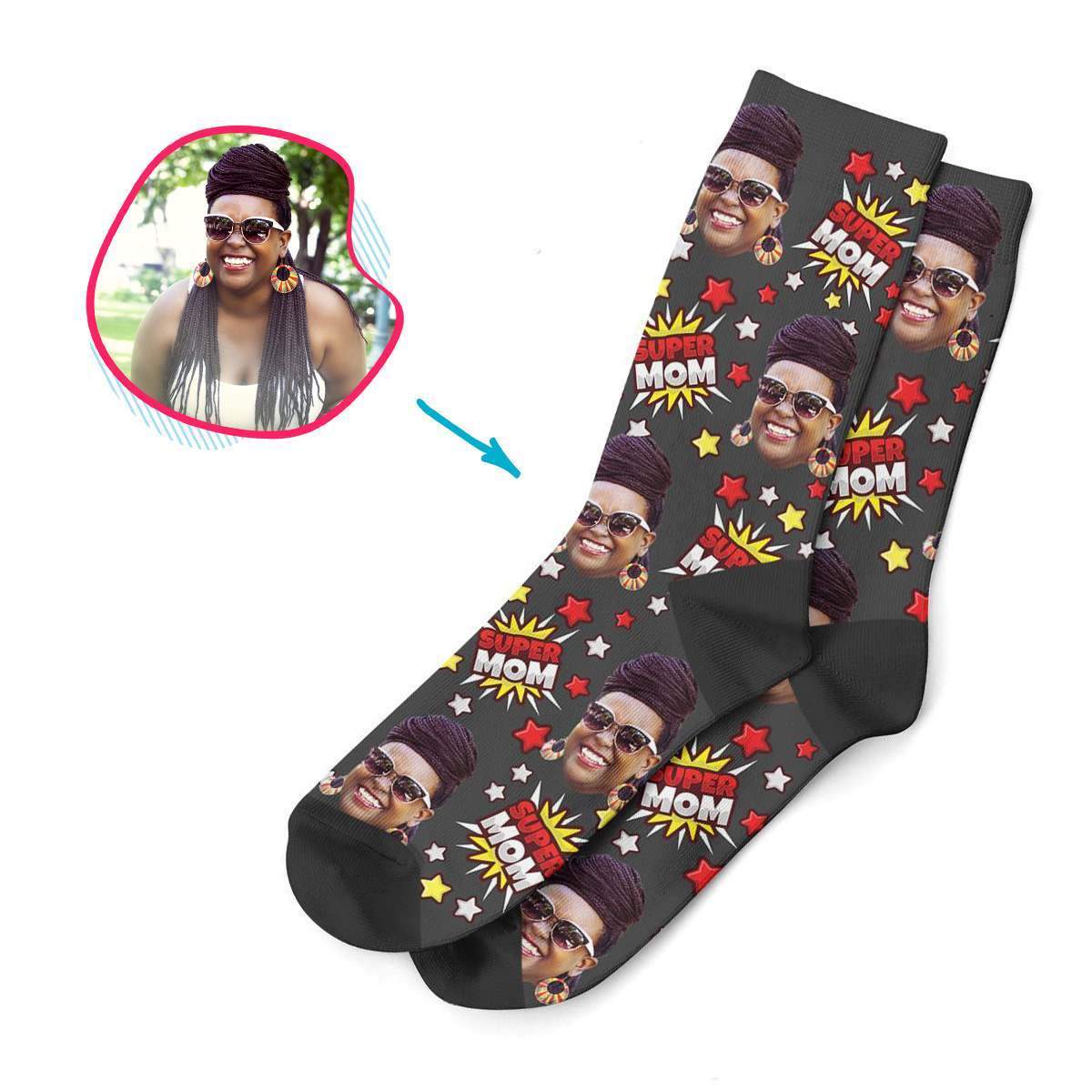 dark Super Mom socks personalized with photo of face printed on them